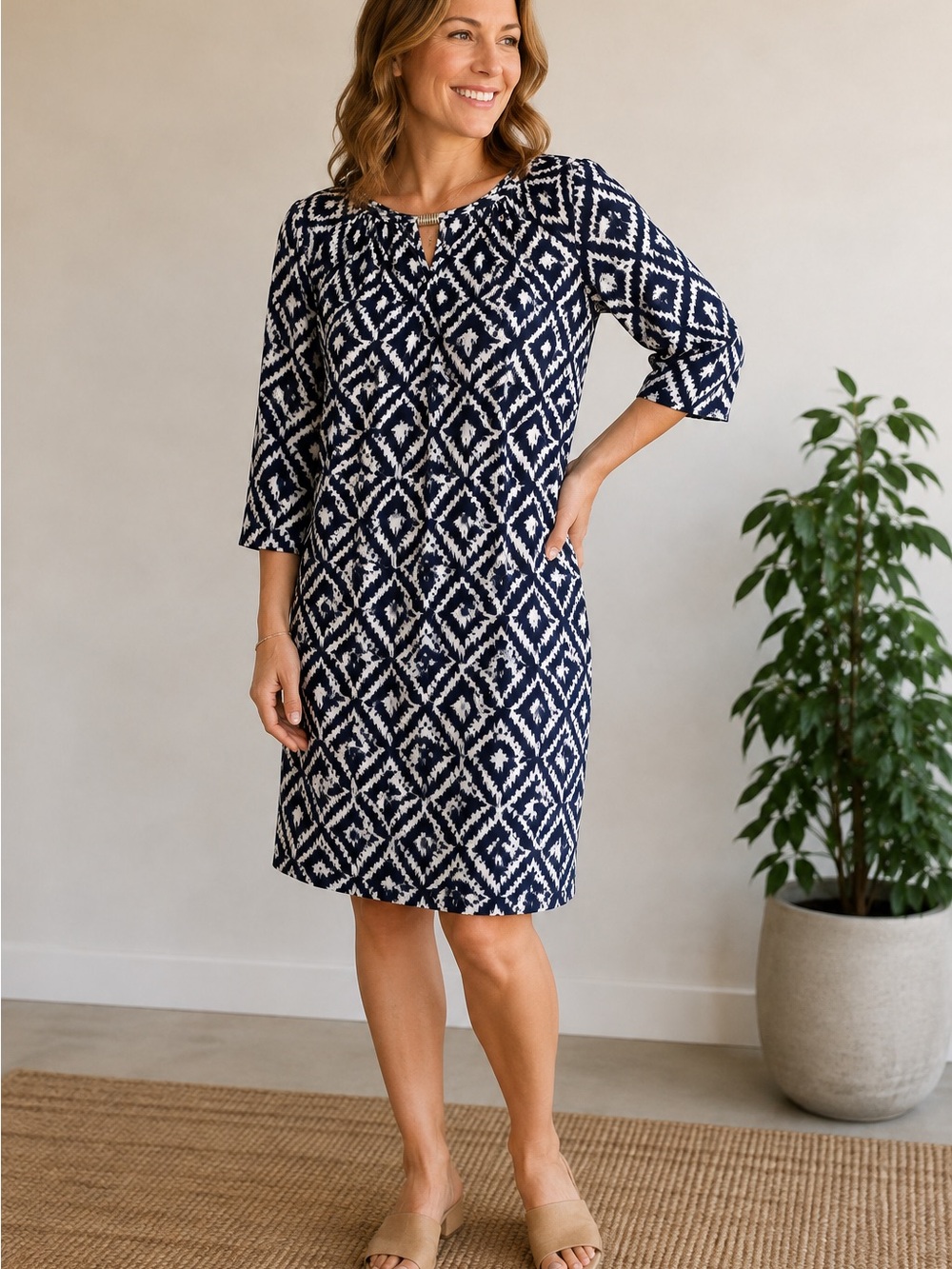 Jon & Anna Mod Geometric Ikat 3/4 Sleeve Shift Dress Size Large Business Casual